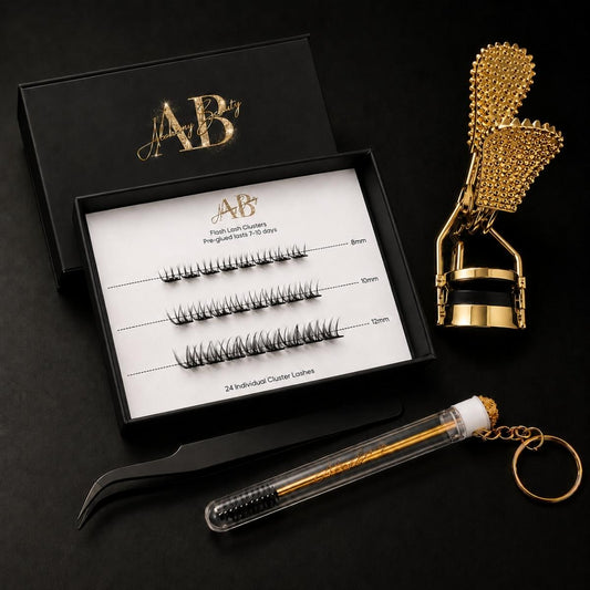 Flash Lash Cluster Starter Kit with pre-glued lash clusters, tweezers, curler and spoolie