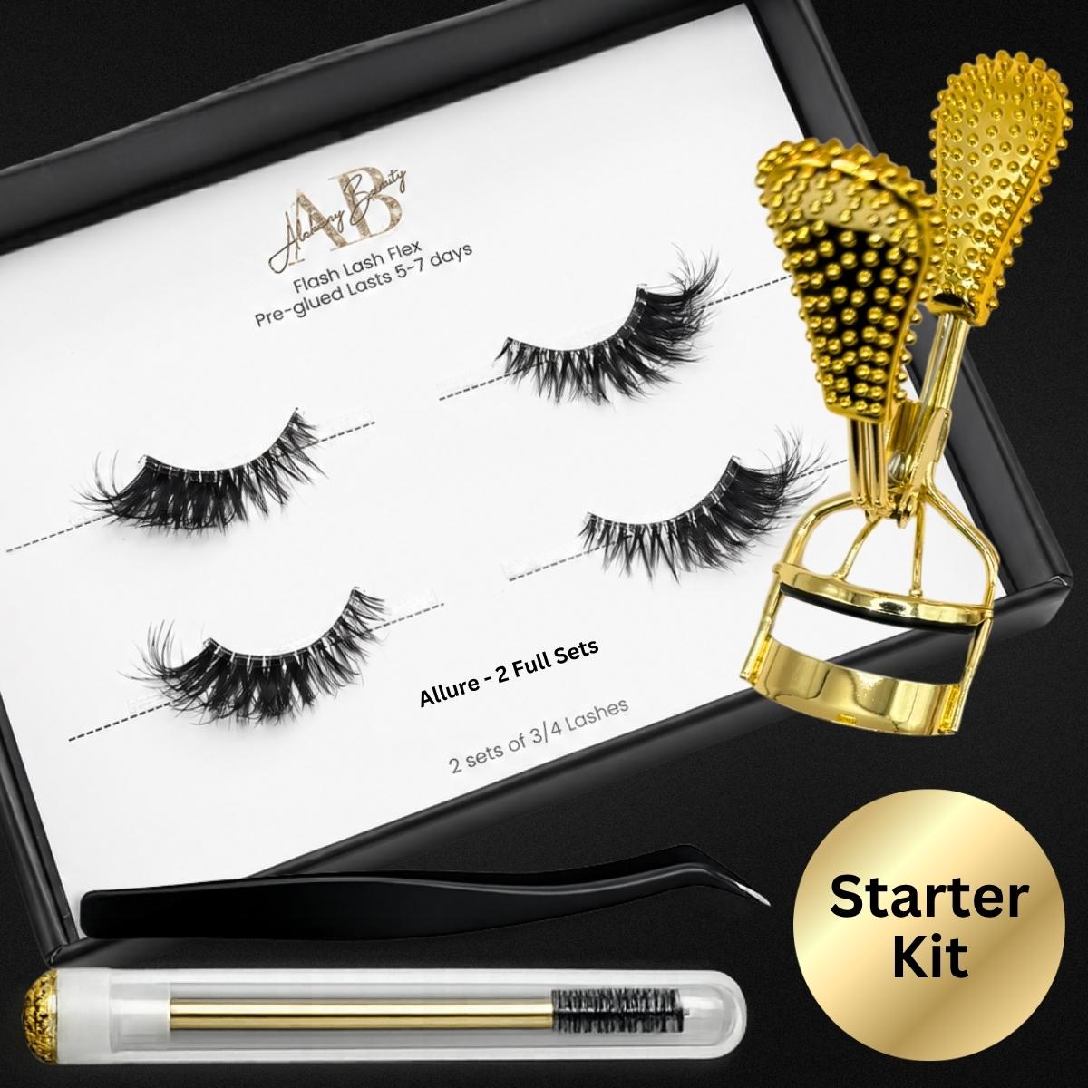 Flash Lash Flex Allure Starter Kit with 2 sets of pre-glued 3/4 lashes, curler, tweezers and spoolie