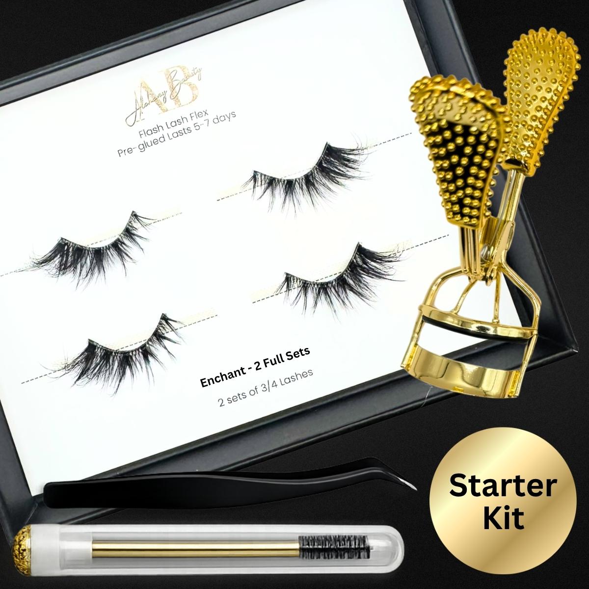 Flash Lash Flex Enchant Starter Kit with 2 sets of pre-glued 3/4 lashes, curler, tweezers and spoolie