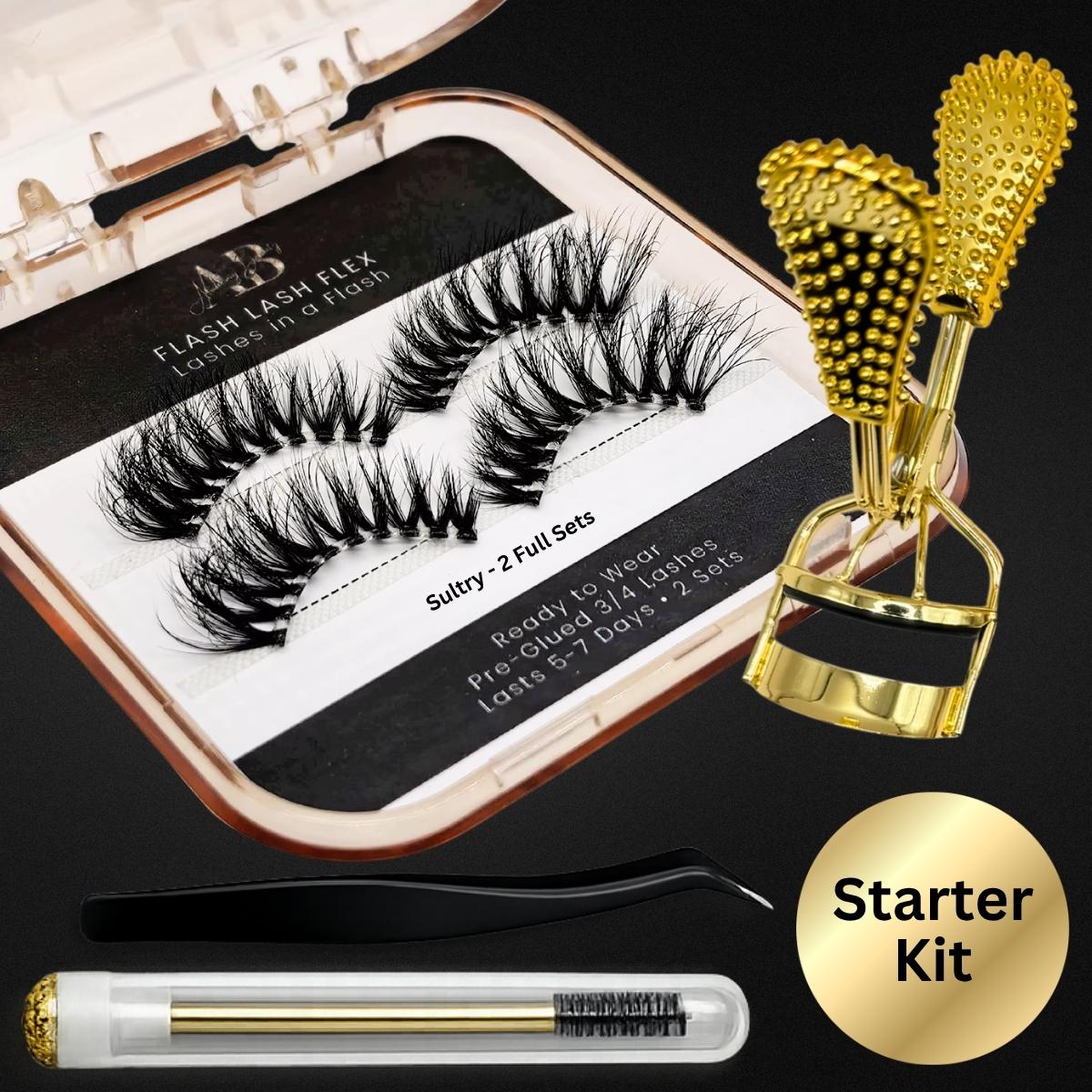 Flash Lash Flex Sultry Starter Kit with 2 sets of pre-glued 3/4 lashes, curler, tweezers and spoolie