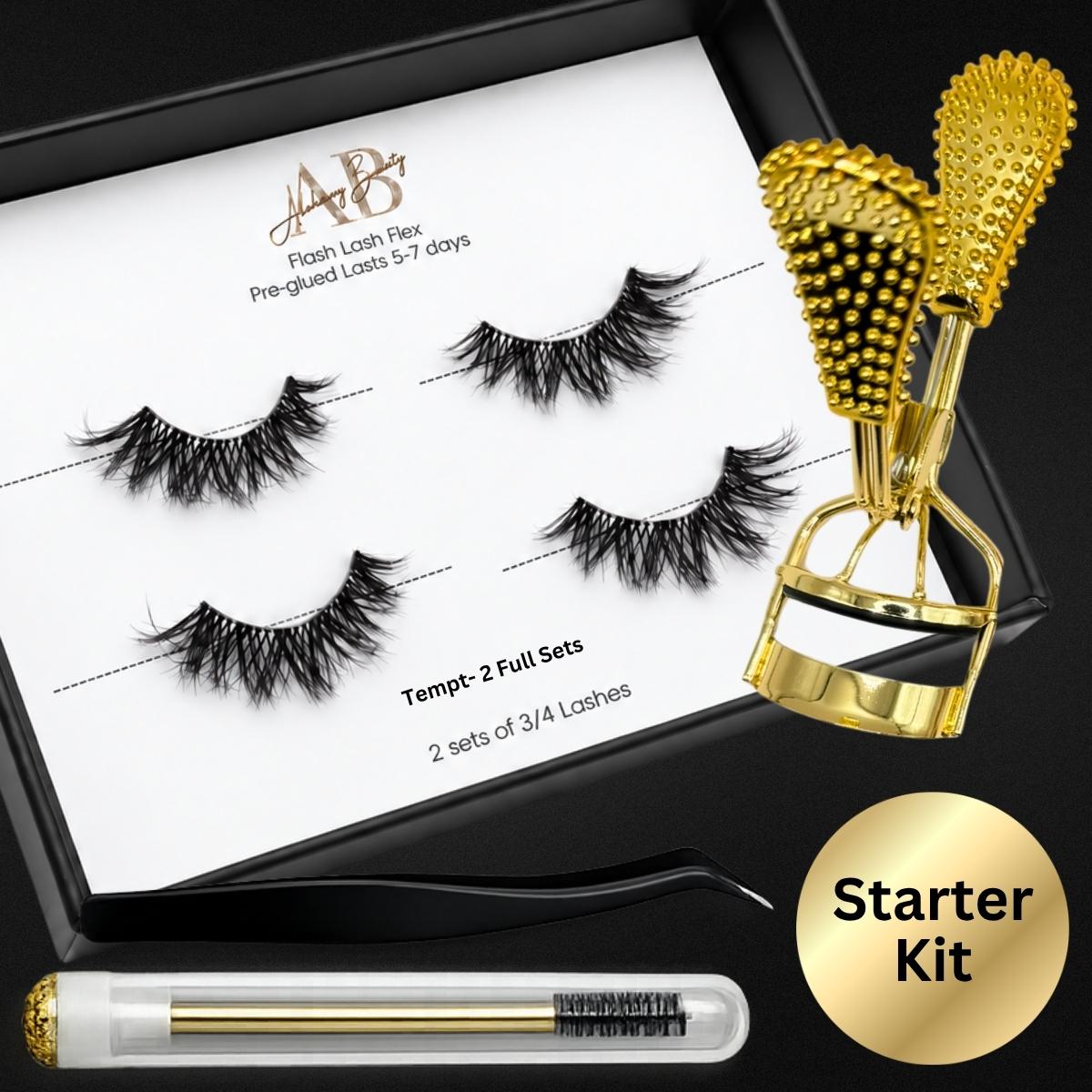 Flash Lash Flex Allure Starter Kit with 2 sets of pre-glued 3/4 lashes, curler, tweezers and spoolie
